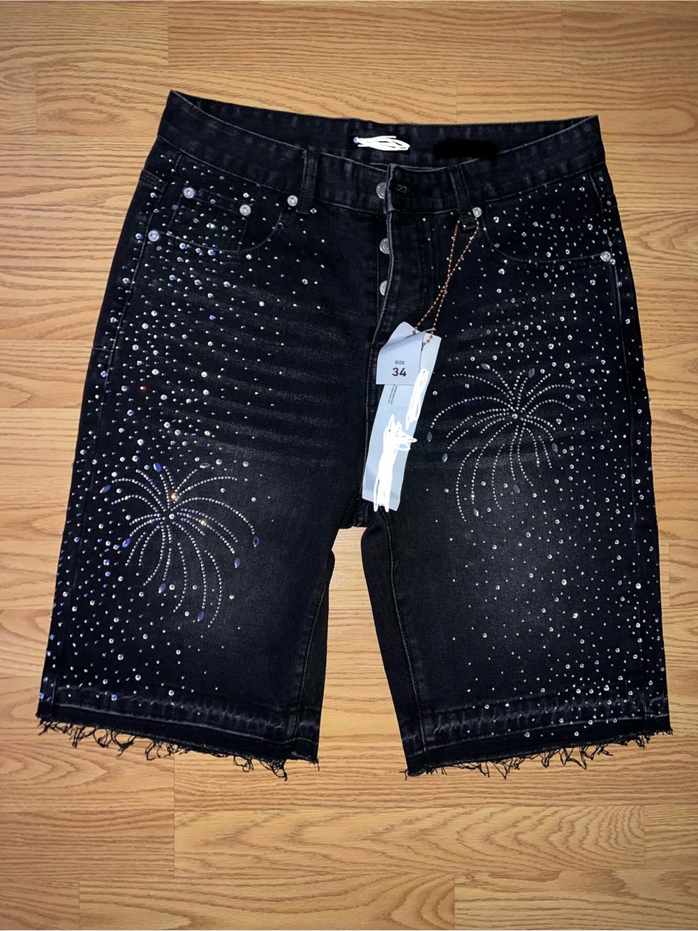 Black Rhinestone Firework Denim Jean Shorts
